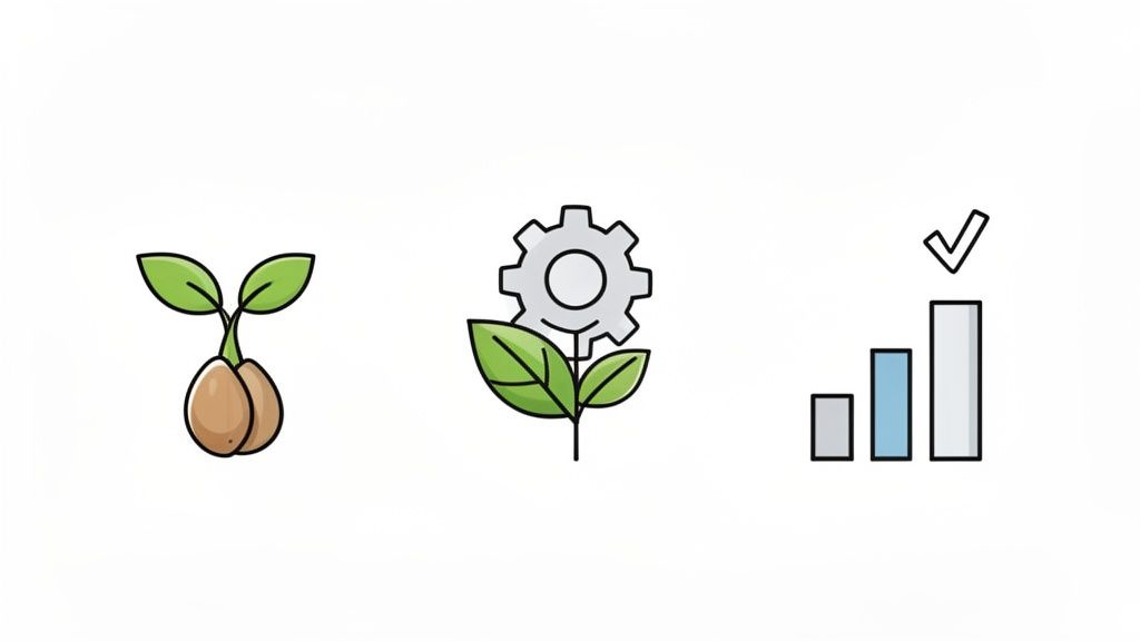 Drie iconen die de stappen van groei, optimalisatie en succes illustreren, van zaadje tot resultaat.