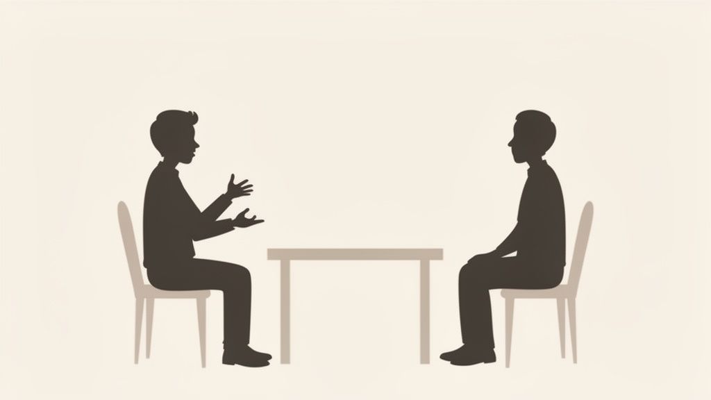Twee personen zitten tegenover elkaar aan een tafel. Eén persoon gebaart terwijl de ander luistert, wat een gesprek of interview voorstelt.