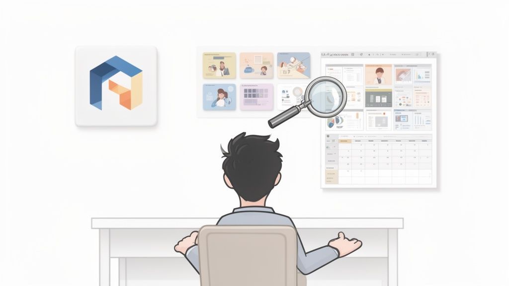 Persoon bekijkt een digitaal scherm met diverse lay-outs, een kalender en een vergrootglas.