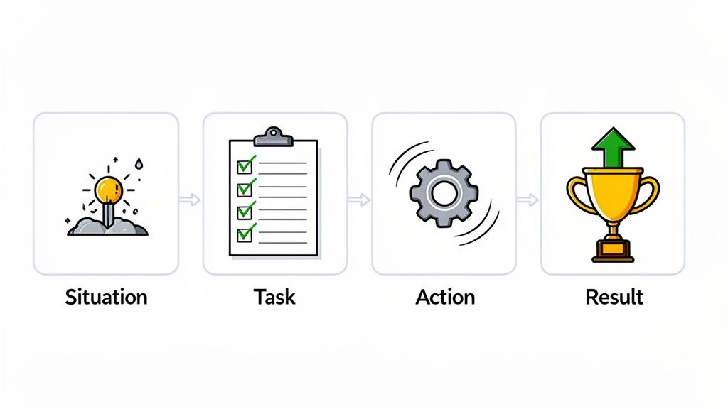 Schematische weergave van de STAR-methode: situatie, taak, actie en resultaat, met bijpassende symbolen.