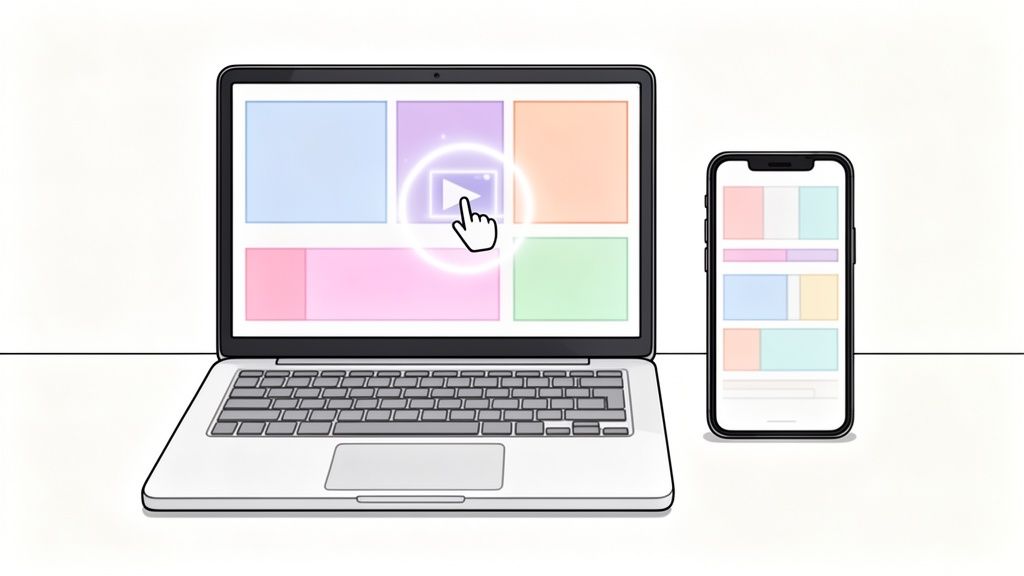 Laptop met webpagina-layout en afspeelknop, cursor klikt, naast smartphone met responsieve weergave.