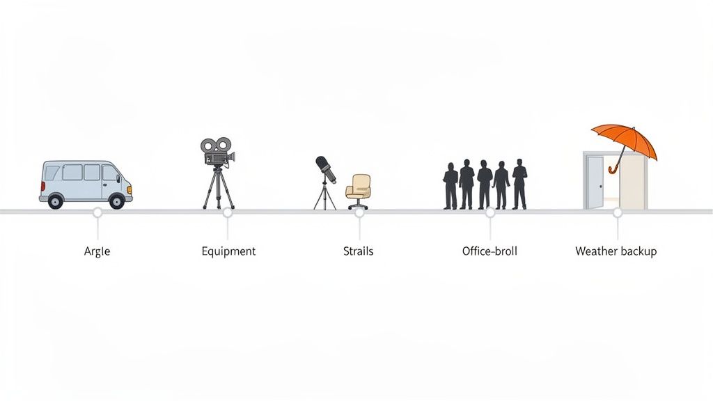 Een tijdlijnillustratie met iconen zoals een bestelwagen, camera, microfoon, stoel, een groep mensen en een noodopvang met paraplu, die productiefasen voorstellen.