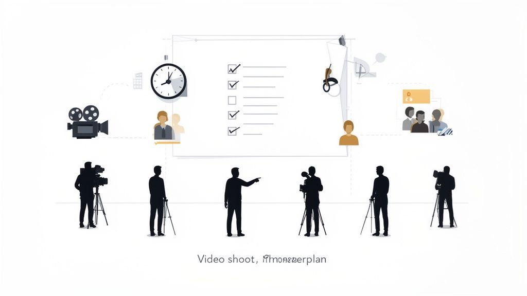 Illustratie van een videoshoot met planning, crew, camera's en acteurs die samenwerken.