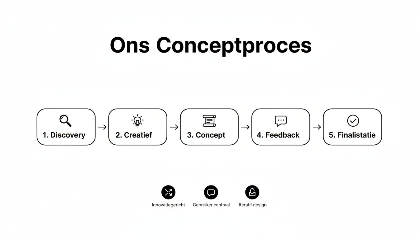 Een diagram toont ons conceptproces in vijf stappen: Discovery, Creatief, Concept, Feedback, Finalisatie, met drie kernprincipes.