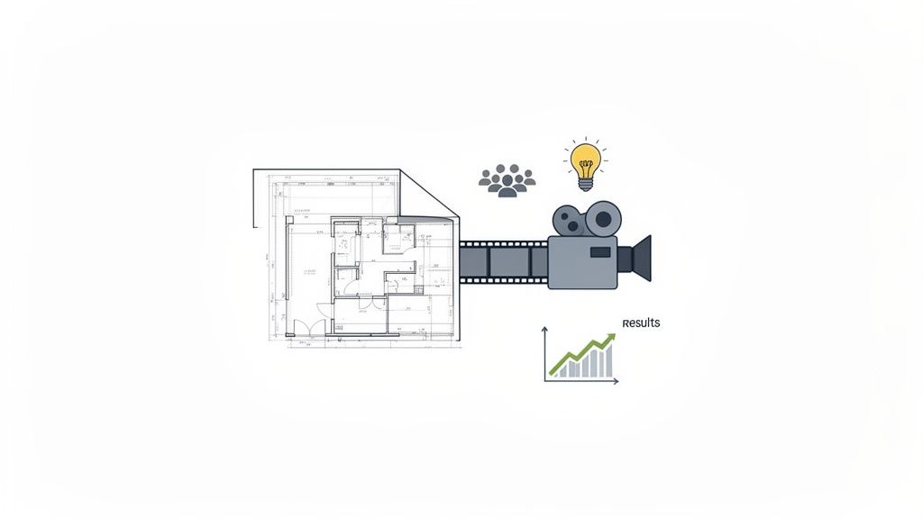 Een bouwtekening van een huis die overgaat in een filmstrip, camera, groep mensen, gloeilamp en een resultaatgrafiek.