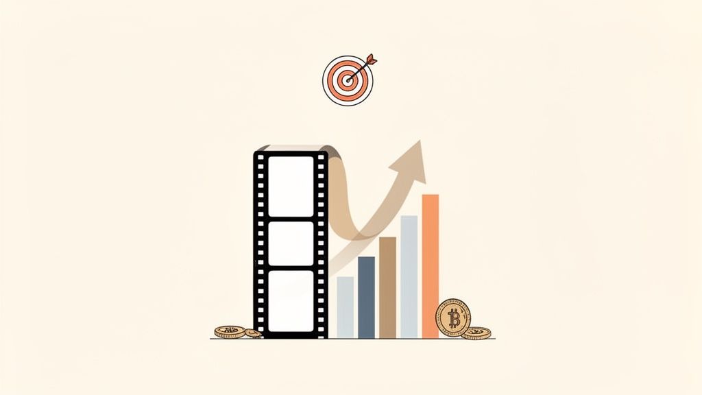 Illustratie van filmproductie en financiële groei, weergegeven door een filmrol, stijgende grafiek, munten en een doelwit.