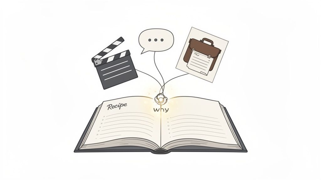 Een open boek met 'Recipe' en 'why', verbonden met een filmklapper, spraakbubbel en aktetas, illustreert verhalende concepten.
