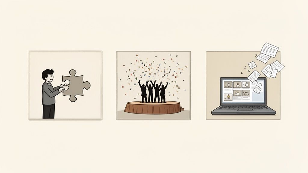 Drie afbeeldingen tonen: een man die een puzzelstuk plaatst, mensen vieren feest met confetti, en een laptop waar documenten uit vliegen.