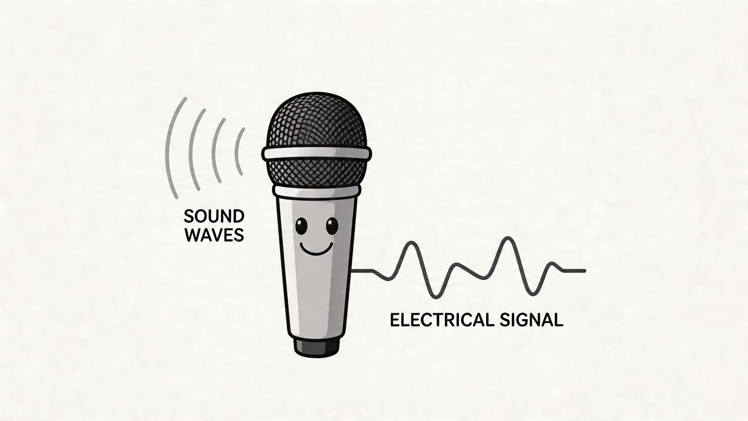 Een schattige cartoonmicrofoon die geluidsgolven omzet in een elektrisch signaal voor een heldere audio-opname.