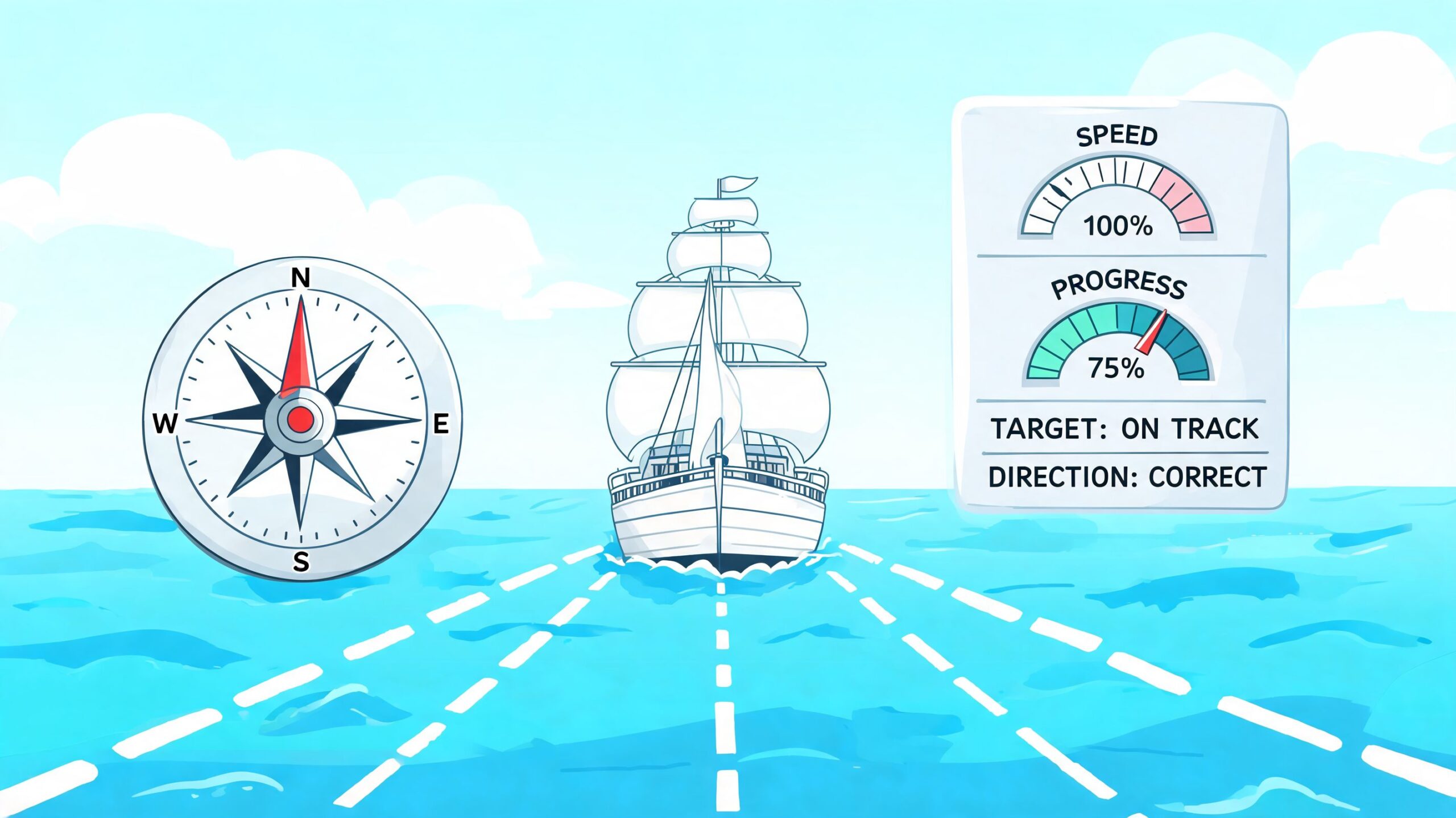 Een illustratie van een zeilschip op de oceaan met een kompas en een voortgangsmeter voor strategie-analyse.