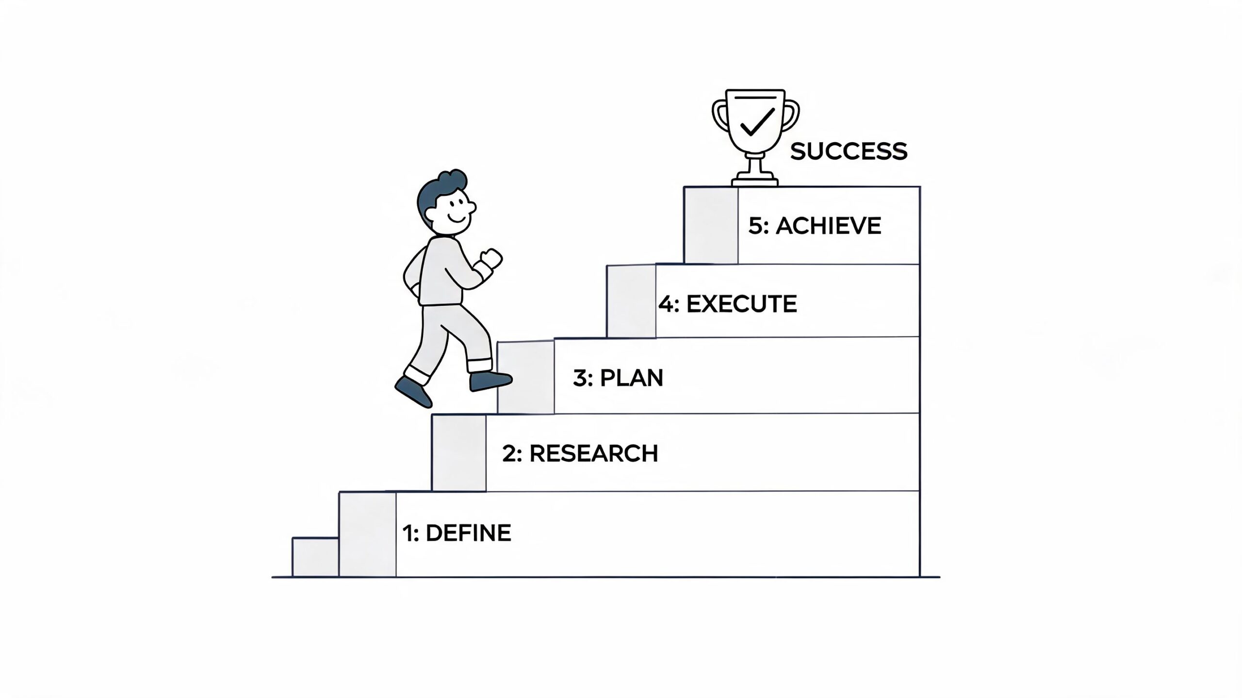 Een illustratie van een persoon die een trap beklimt als metafoor voor een vijfstappenplan naar zakelijk succes.