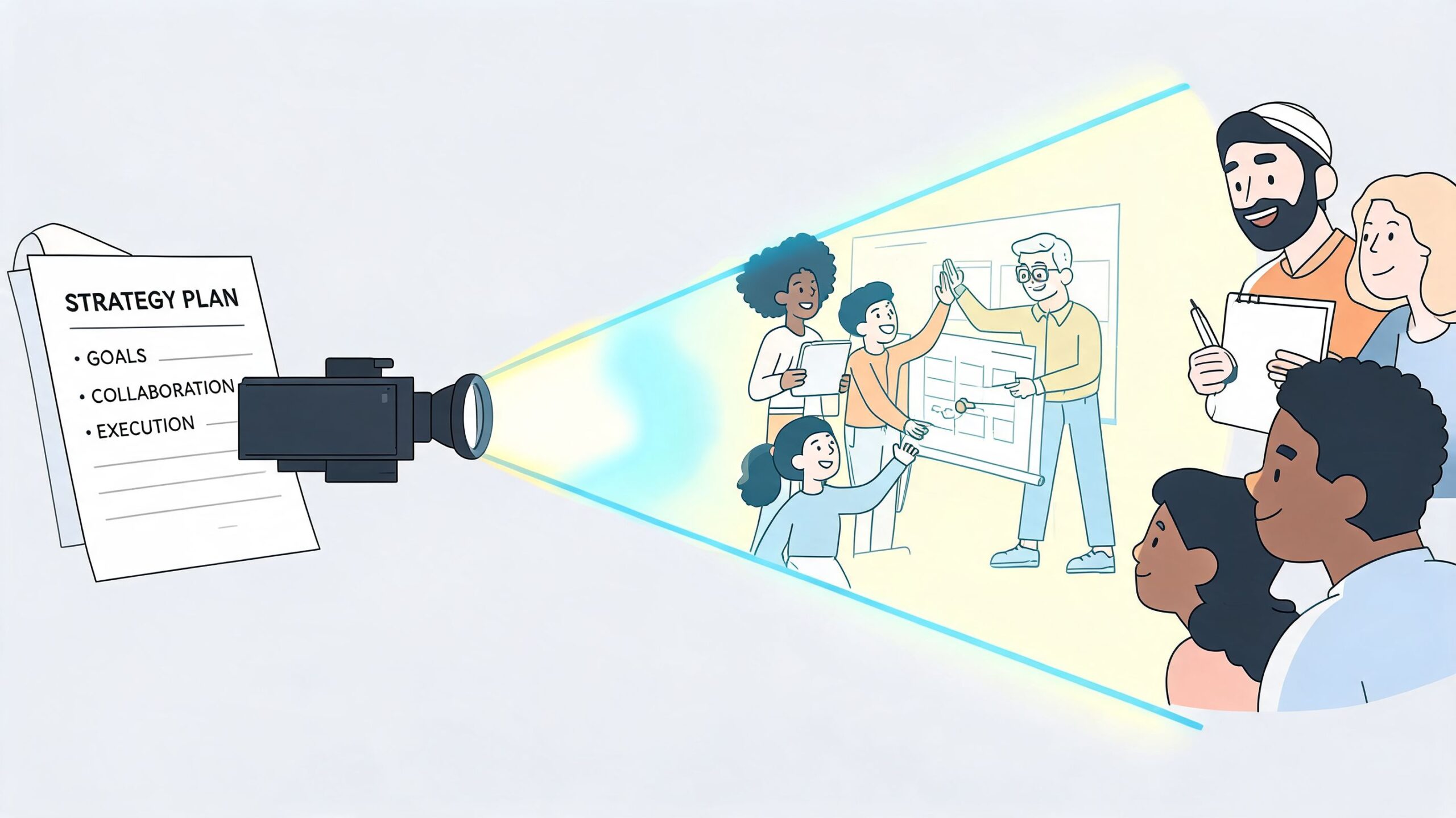 Illustratie van een team dat samenwerkt aan een bedrijfsstrategie via een presentatie, gericht op employer branding.