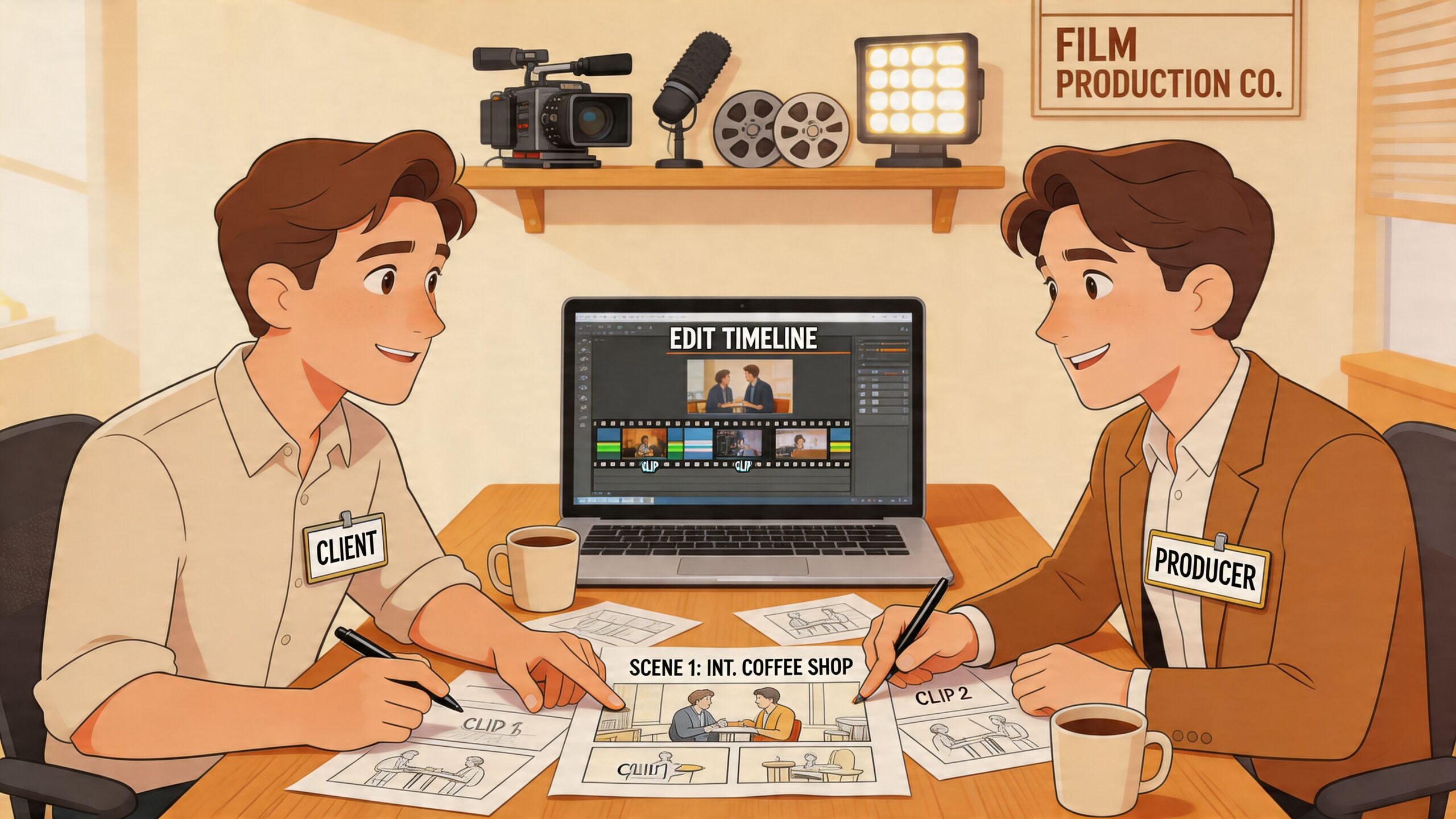 Een client en producent werken samen aan een filmproductie-project met storyboards op een bureau met laptop.