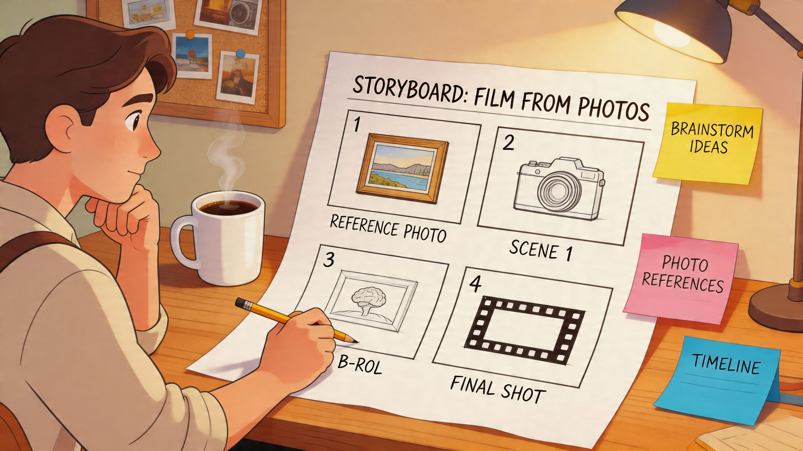 Een jongeman zit aan een bureau en tekent een storyboard voor het maken van een film.