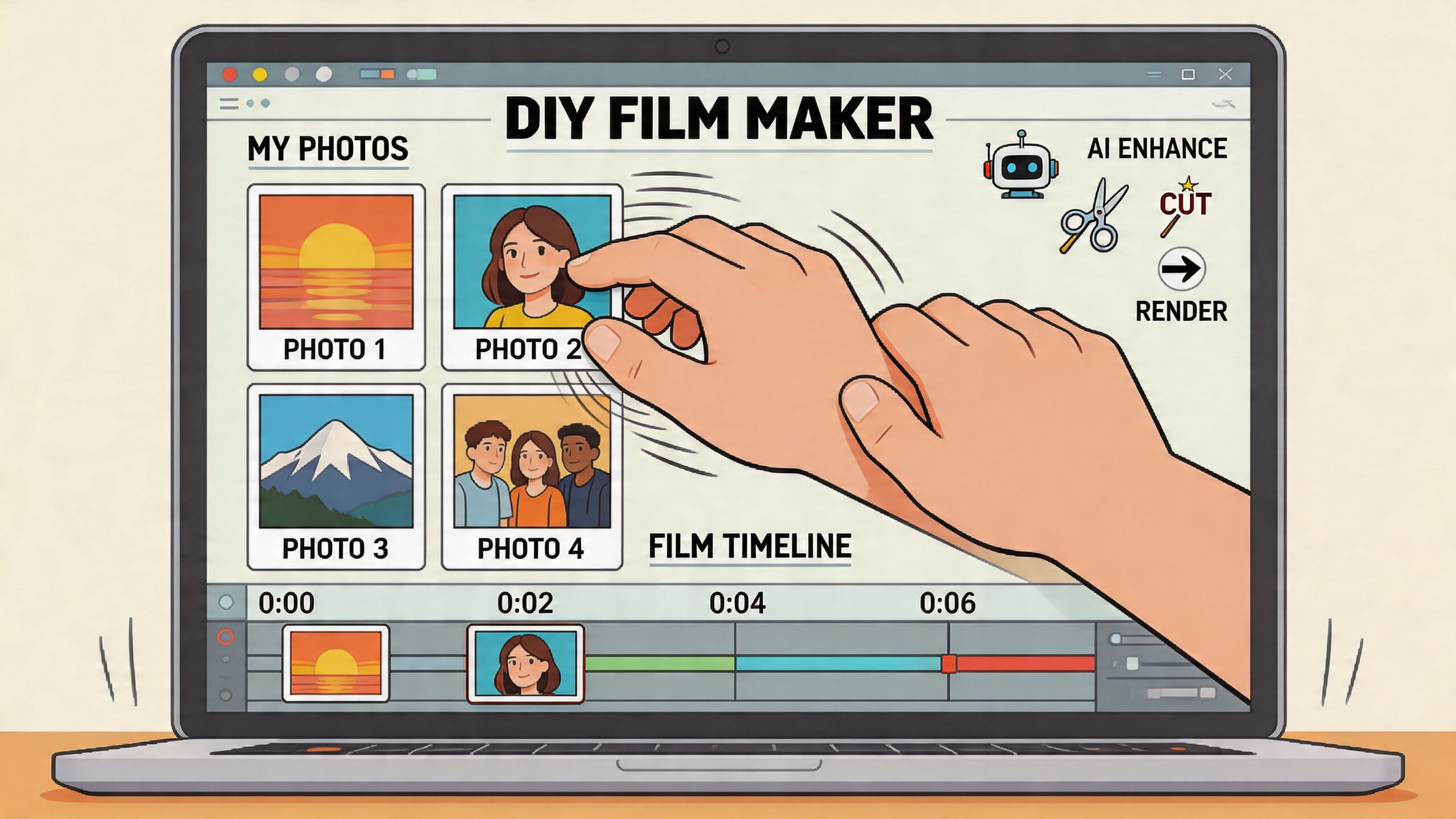 Een hand die een digitale interface gebruikt om een film te maken van persoonlijke foto's op laptop.
