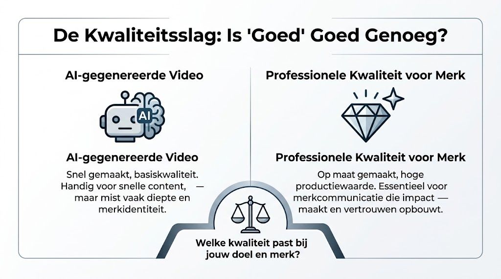 Een infographic die AI-gegenereerde video vergelijkt met professionele videoproductie voor merkboodschappen en effectieve bedrijfscommunicatie.