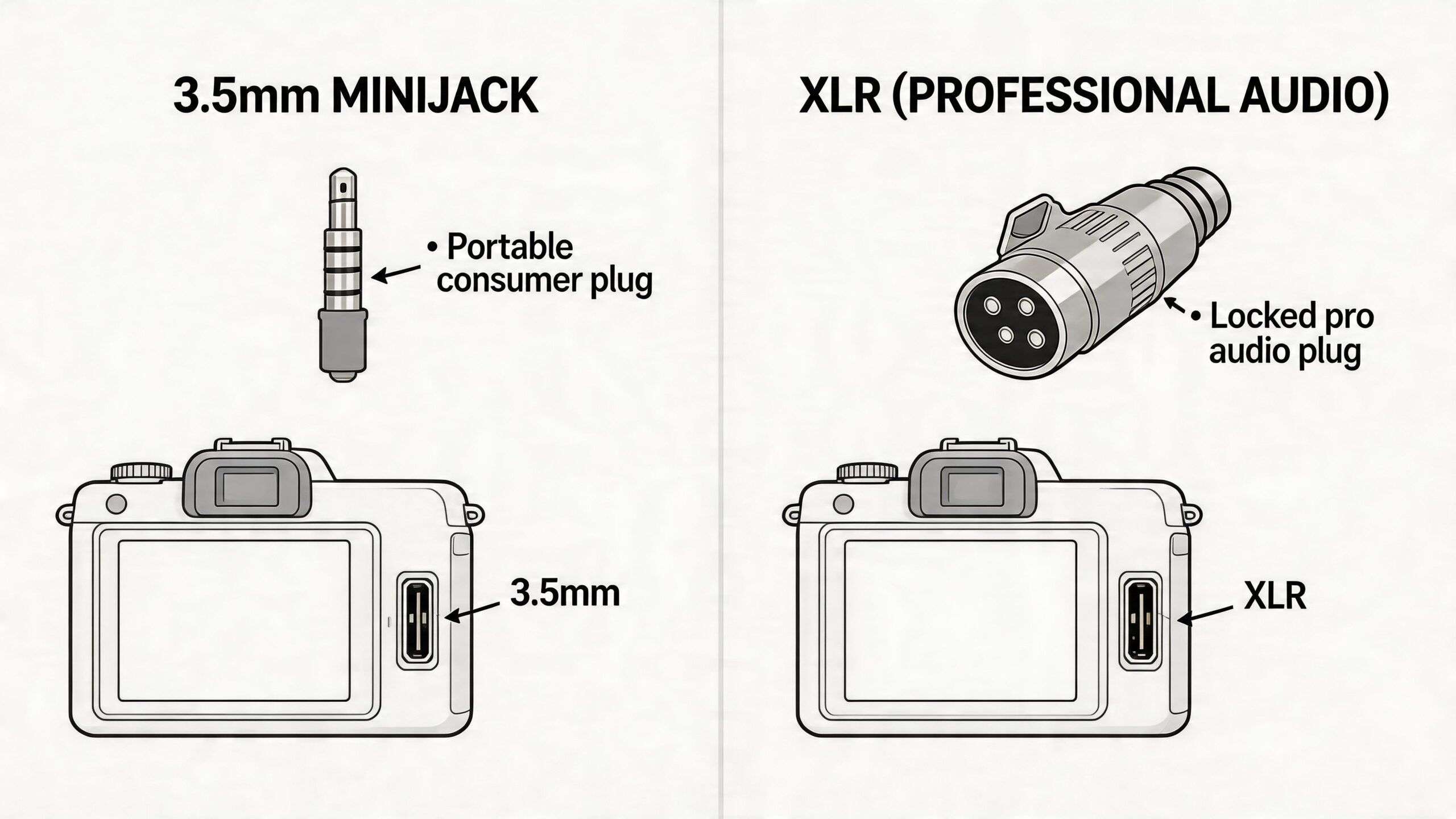 Een vergelijking tussen een 3,5mm minijack-aansluiting voor consumenten en een professionele XLR-audiostekker voor camera's.