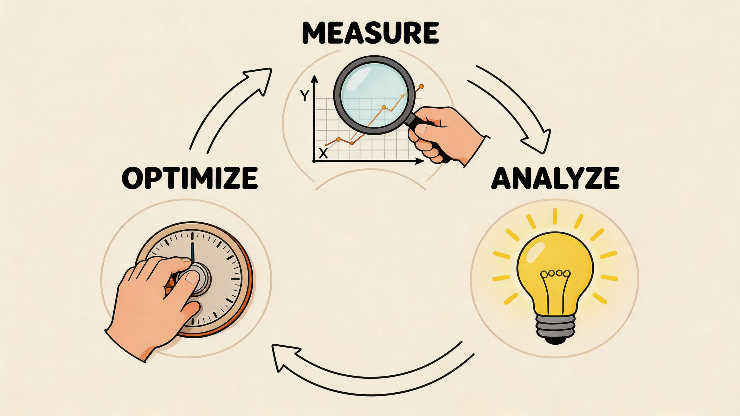 Een procescirkel met de stappen meten, analyseren en optimaliseren voor effectief social media beheer.