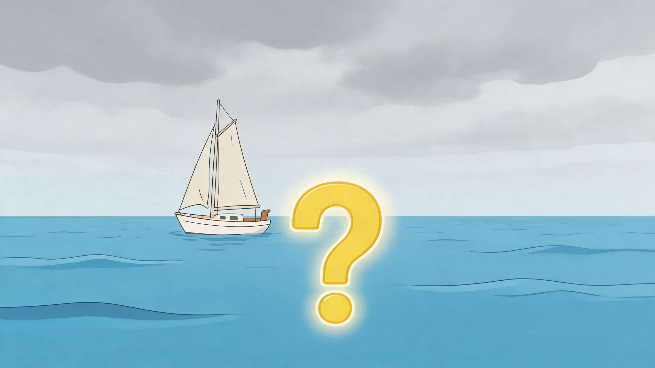 Een eenzame zeilboot vaart op een kalme zee onder een bewolkte grijze lucht met een groot vraagteken.