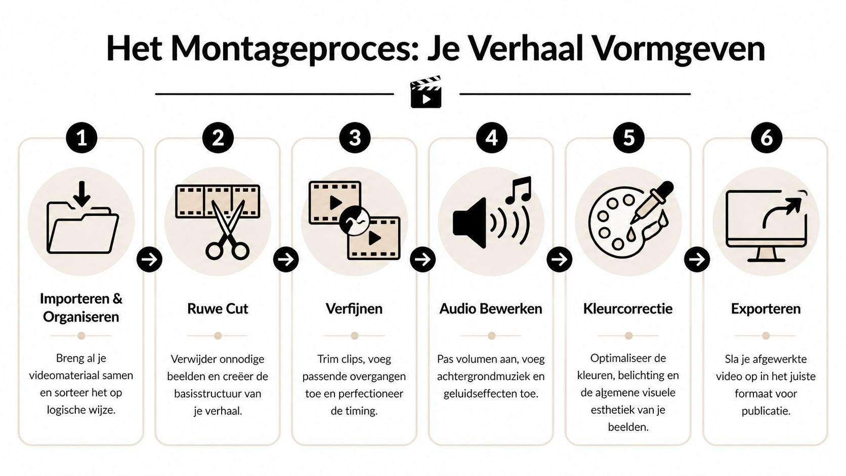 Een stappenplan voor het videobewerkingsproces, van het importeren van bestanden tot het exporteren van de eindvideo.