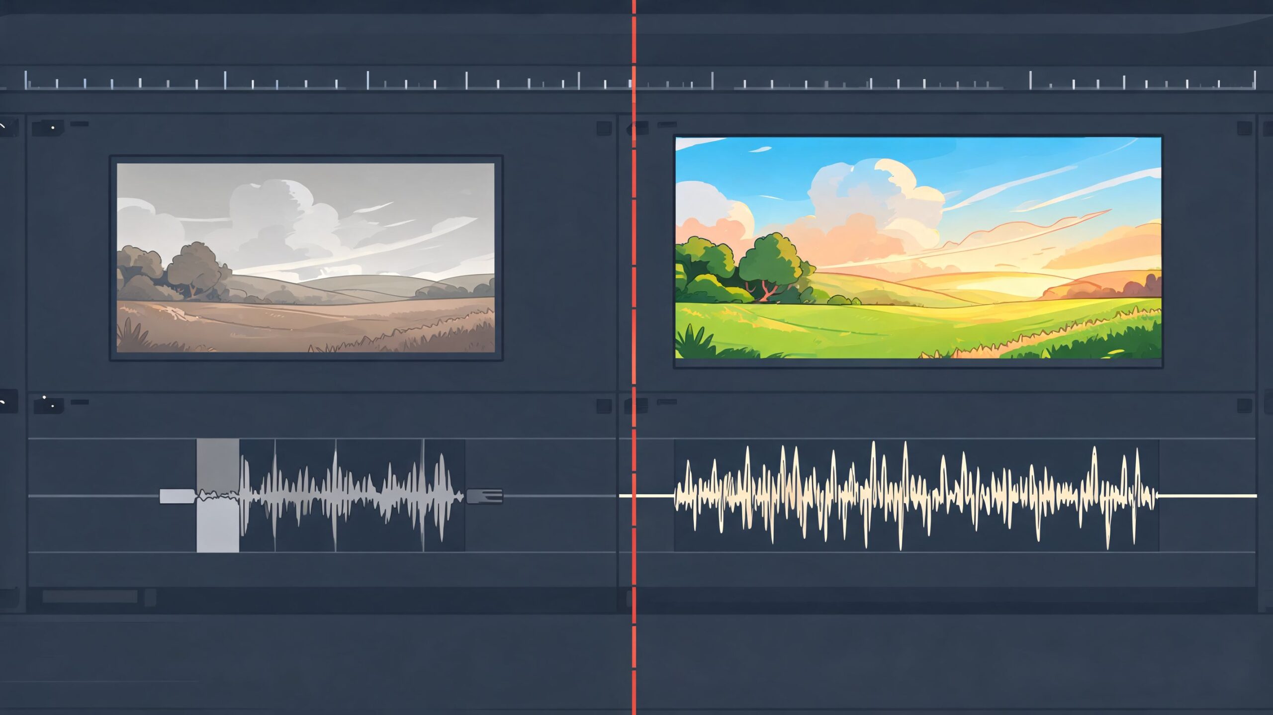 Een videobewerkingsinterface toont twee scènes en audiogolven die op een tijdlijn naast elkaar worden geplaatst.