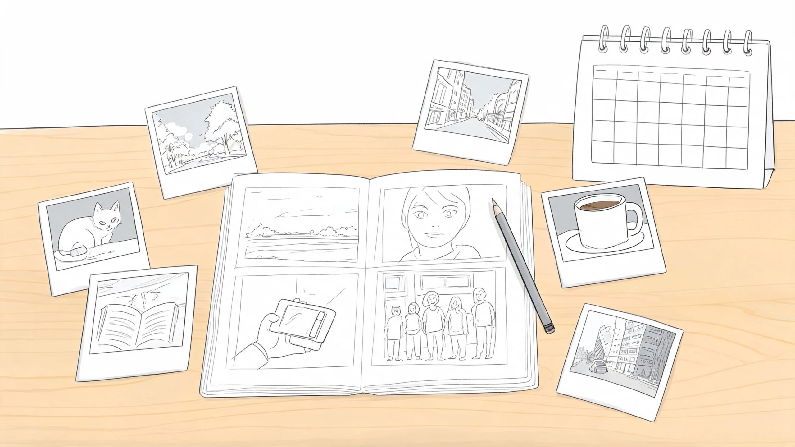 Een open notitieboek met foto's op een houten tafel, ideaal voor het bewerken van videoprojecten.