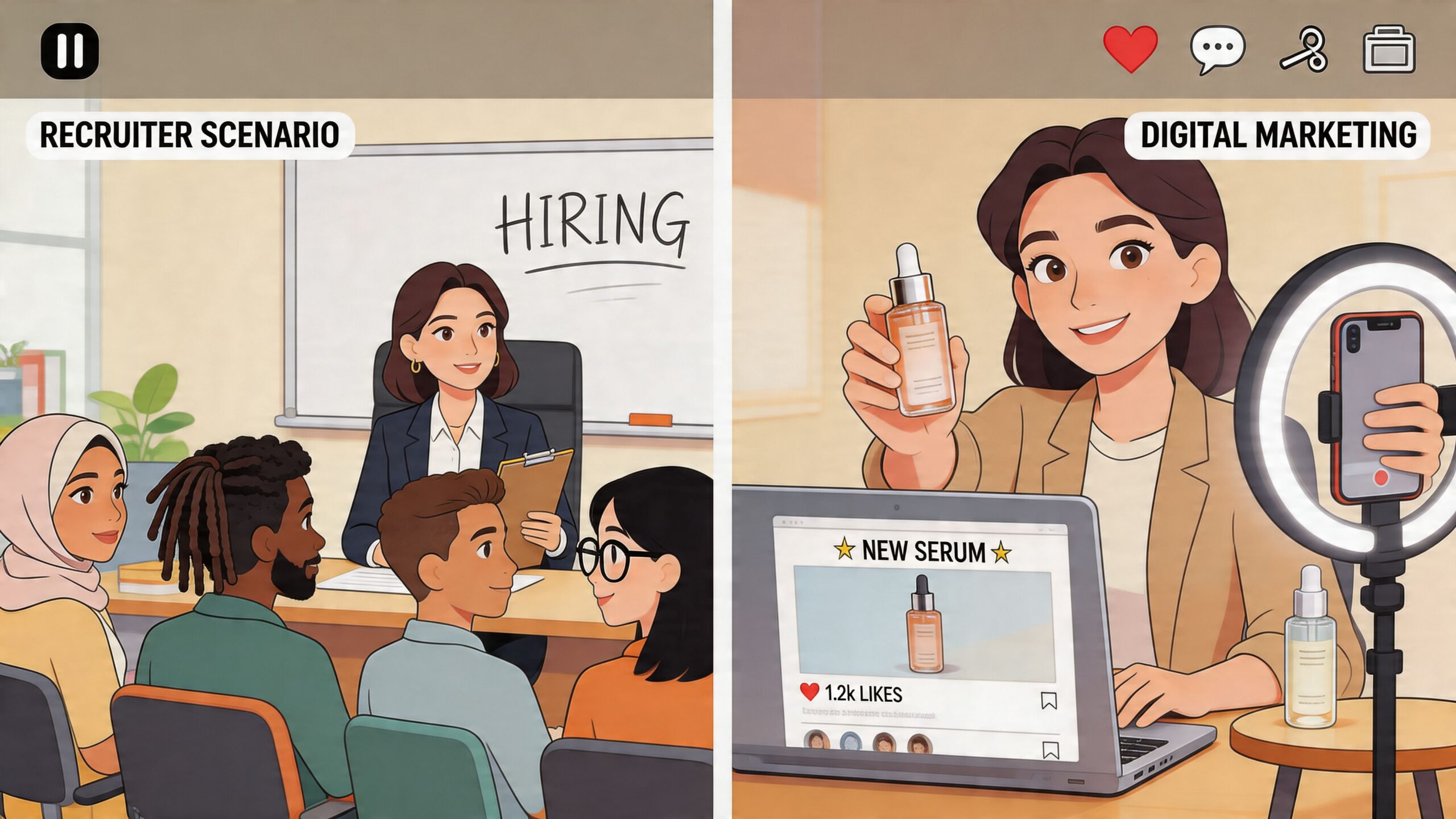 Een illustratie die het verschil toont tussen een sollicitatiegesprek en digitale marketing voor online video's.