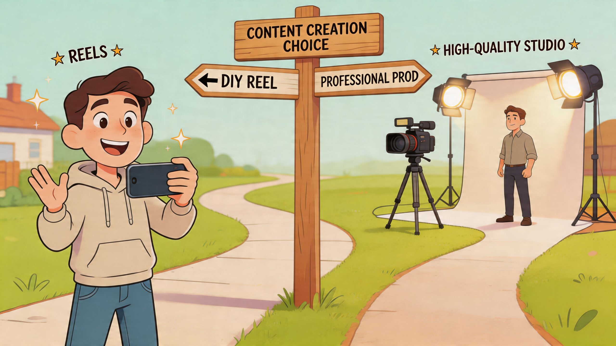 Een illustratie van een jongen die kiest tussen het zelf maken van Instagram Reels of professionele videoproductie.