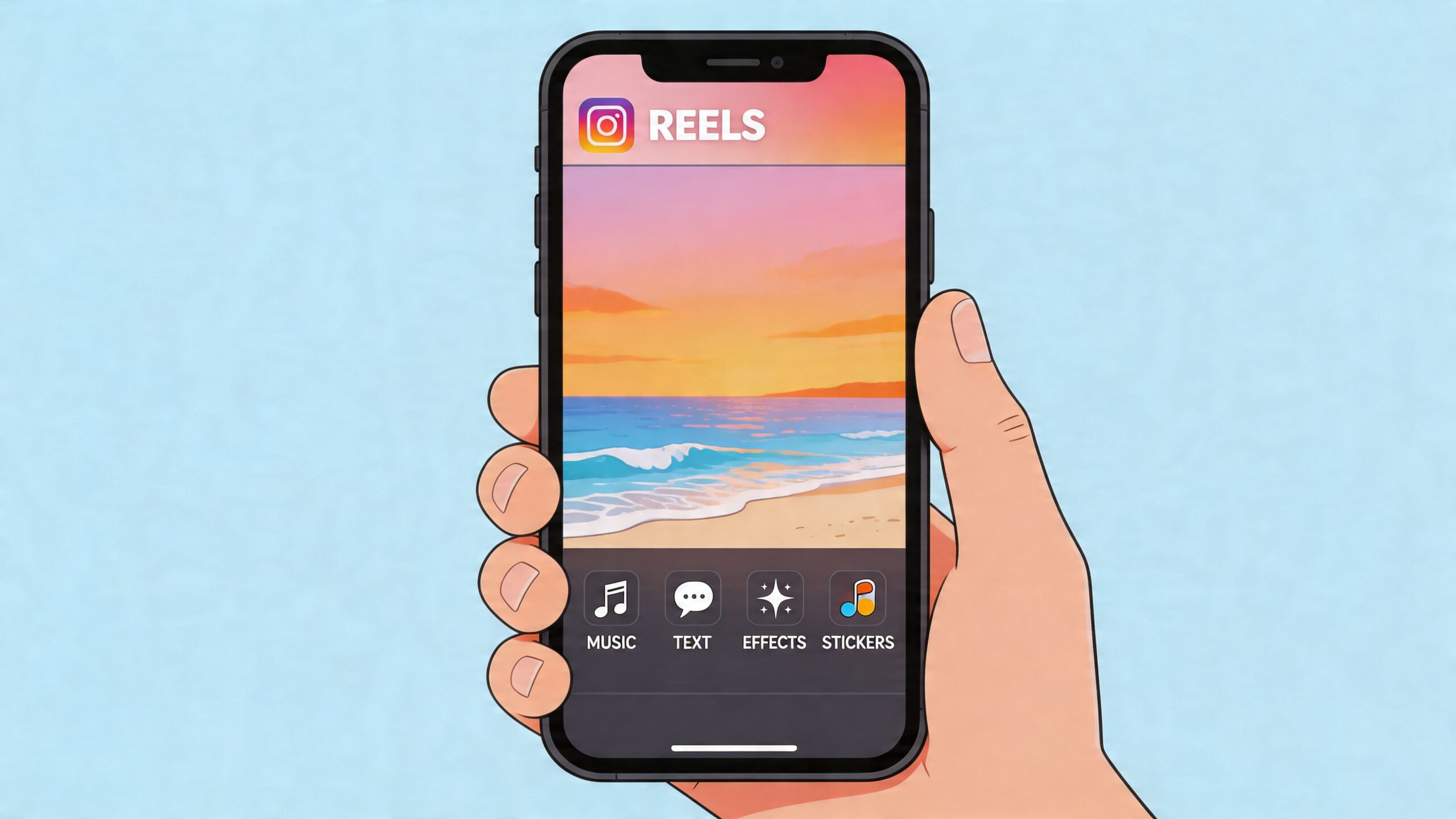 Een hand houdt een smartphone vast met de Instagram Reels-bewerkingsinterface met pictogrammen voor muziek, tekst, effecten en stickers.