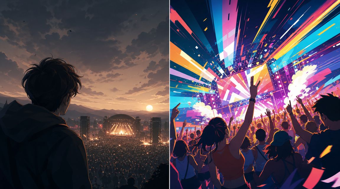 Een vergelijking van een persoon die naar een concert kijkt en een menigte die danst tijdens een festival.