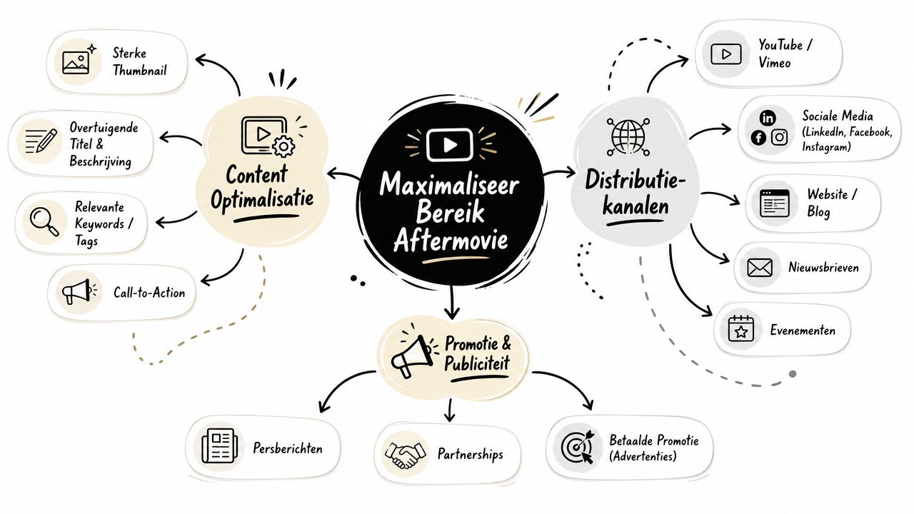 Een overzichtelijk schema over het maximaliseren van het bereik van een aftermovie via diverse strategische kanalen.