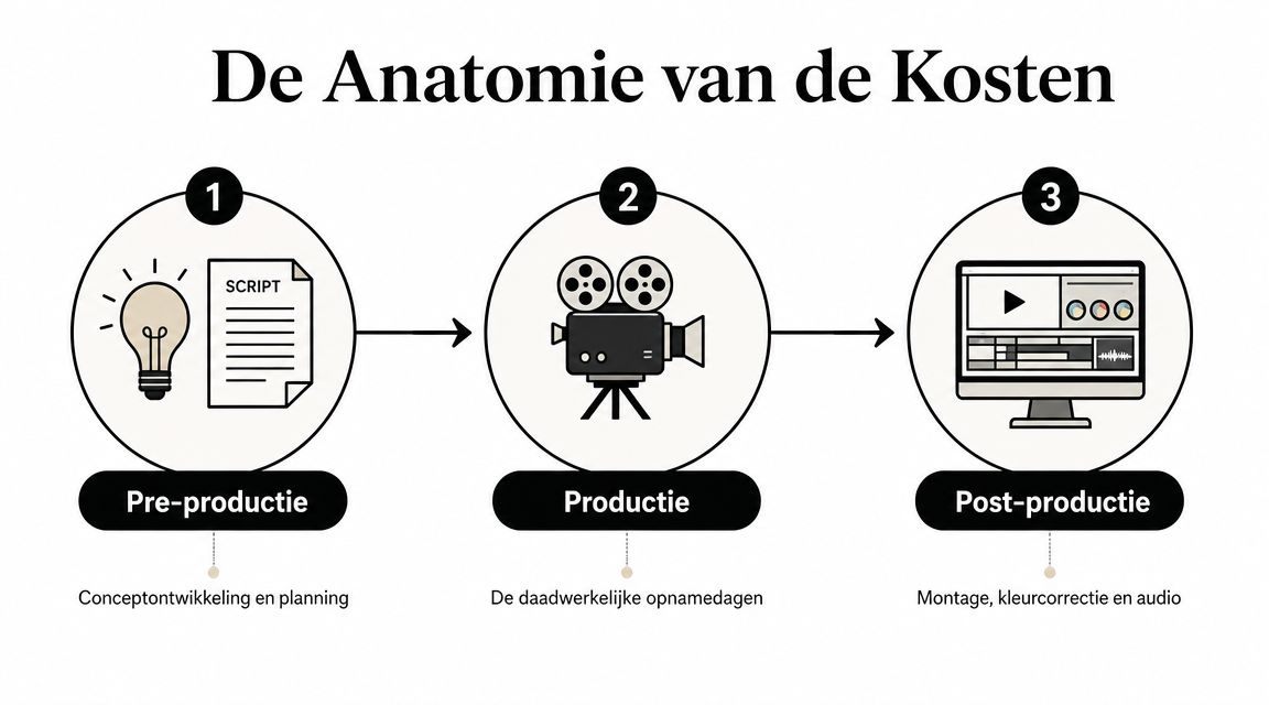 Een infographic met de titel De Anatomie van de Kosten die het productieproces van een bedrijfsfilm uitlegt.