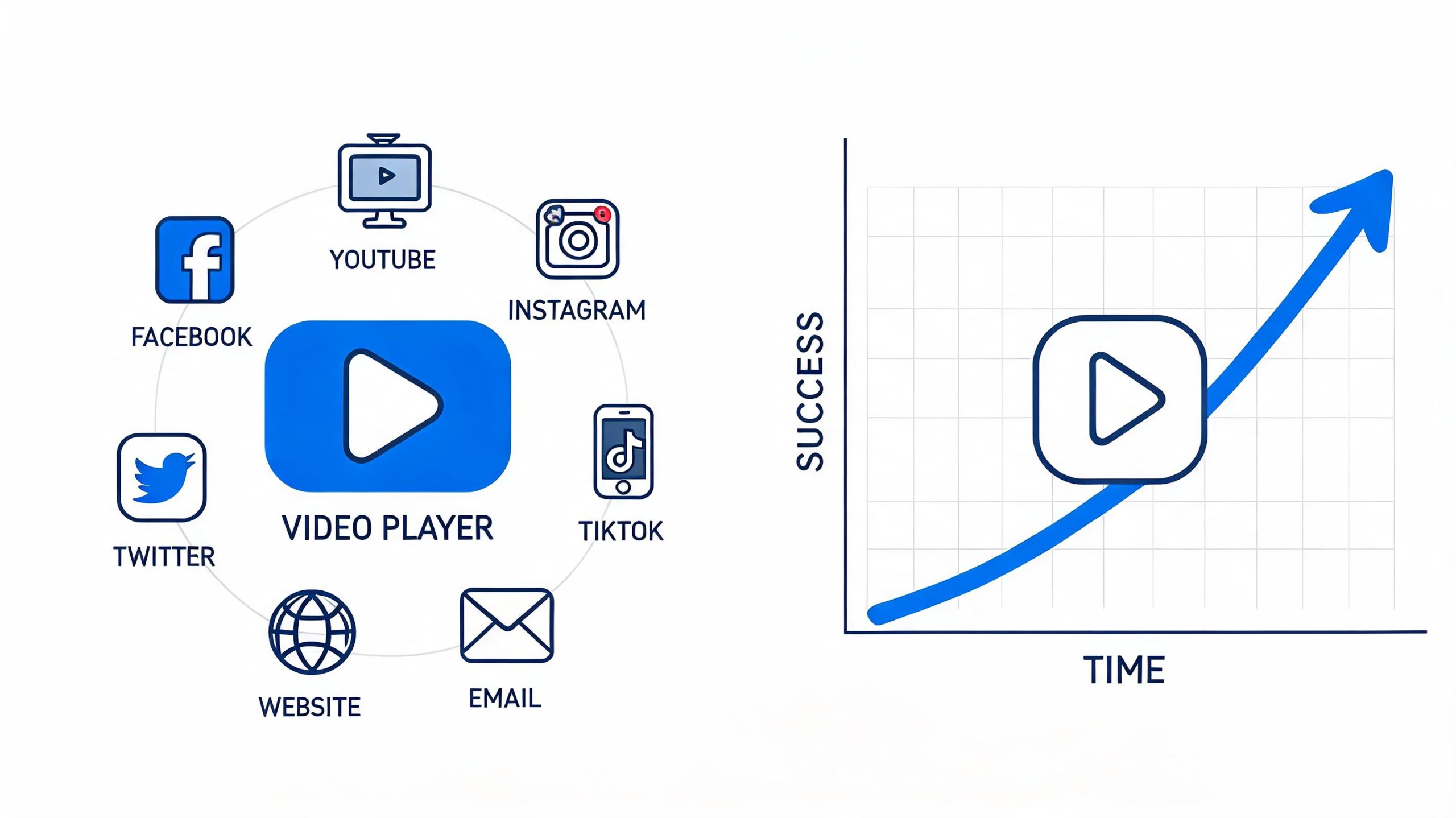 Een infographic die toont hoe videocontent op sociale media leidt tot groei in succes over tijd.