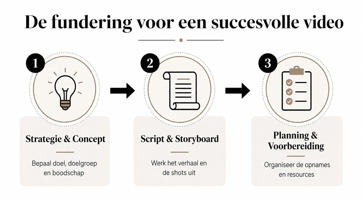 Een overzicht van de drie essentiële voorbereidingsstappen voor het maken van een succesvolle professionele video.