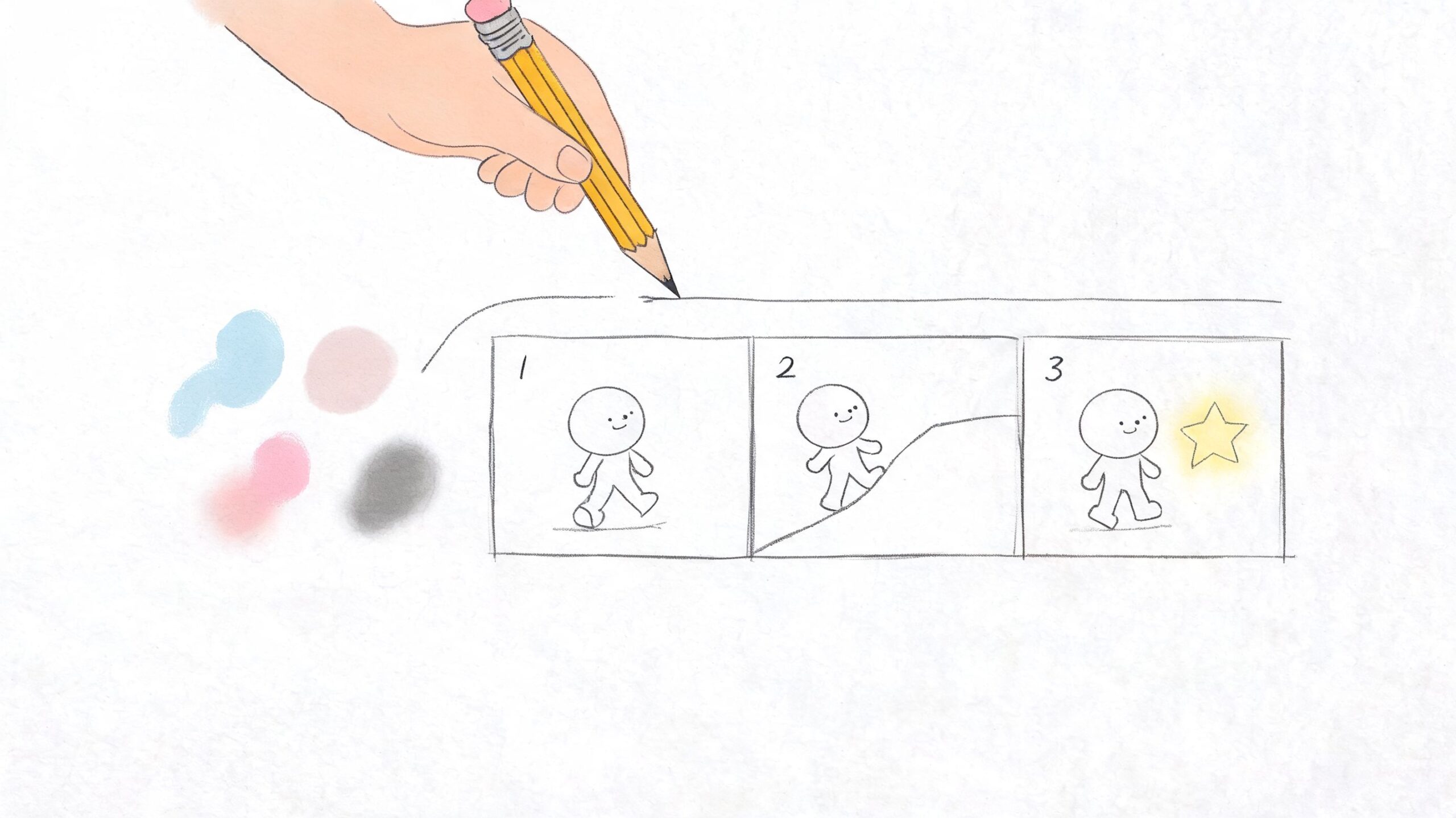 Een hand die een storyboard tekent met drie panelen over het proces van een bedrijfsvideo laten maken.