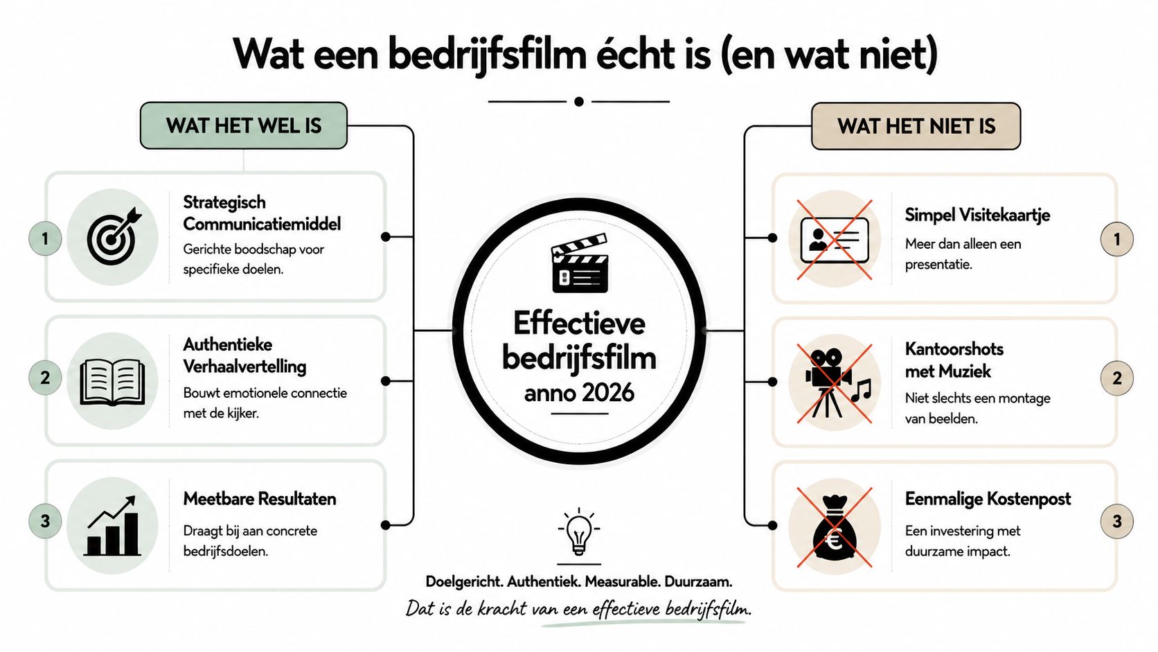 Een infographic die toont wat een effectieve bedrijfsfilm anno 2026 wel en niet inhoudt.
