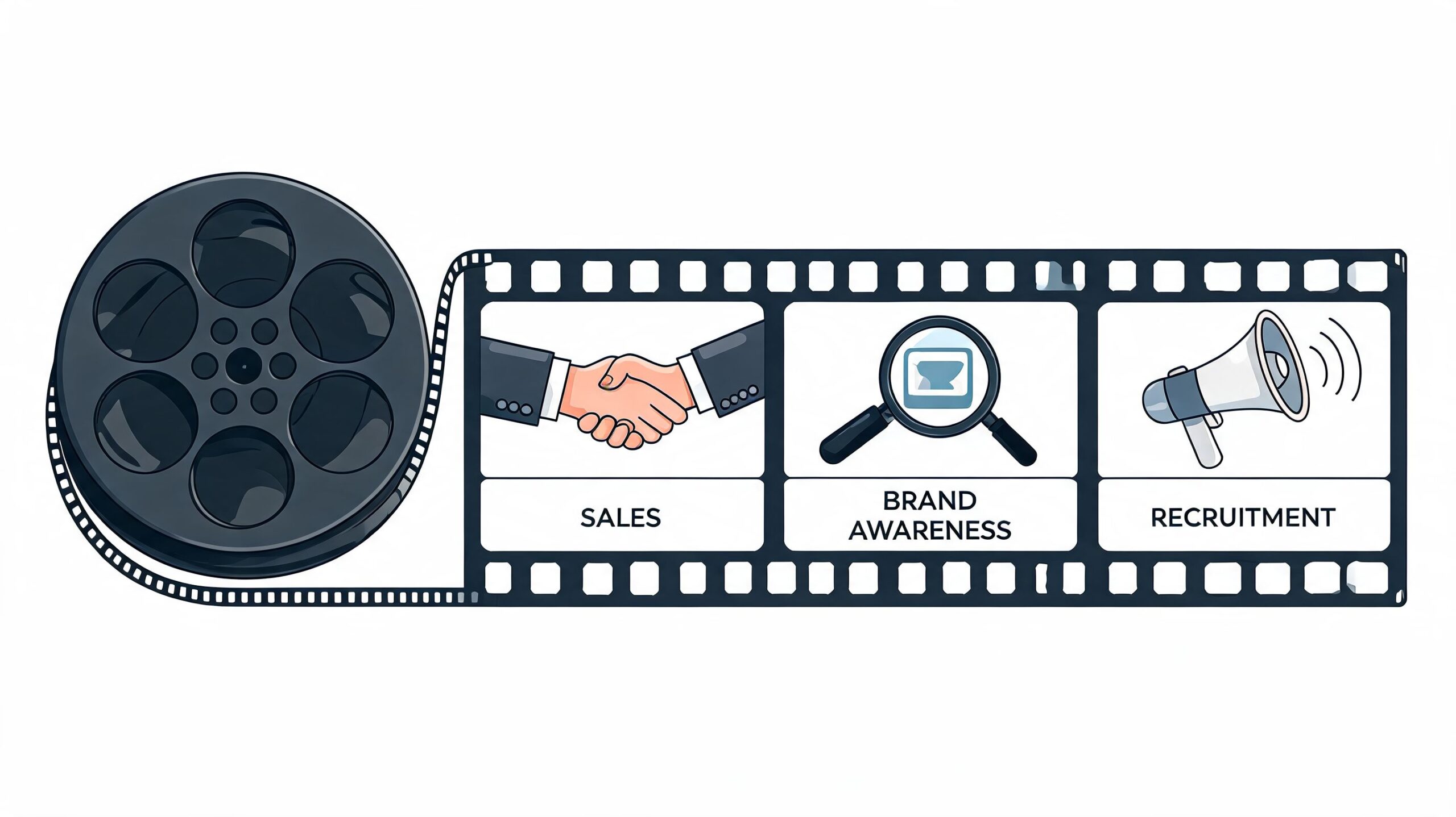 Een filmrol illustratie die de voordelen van een bedrijfsfilm toont voor verkoop, naamsbekendheid en personeelswerving.