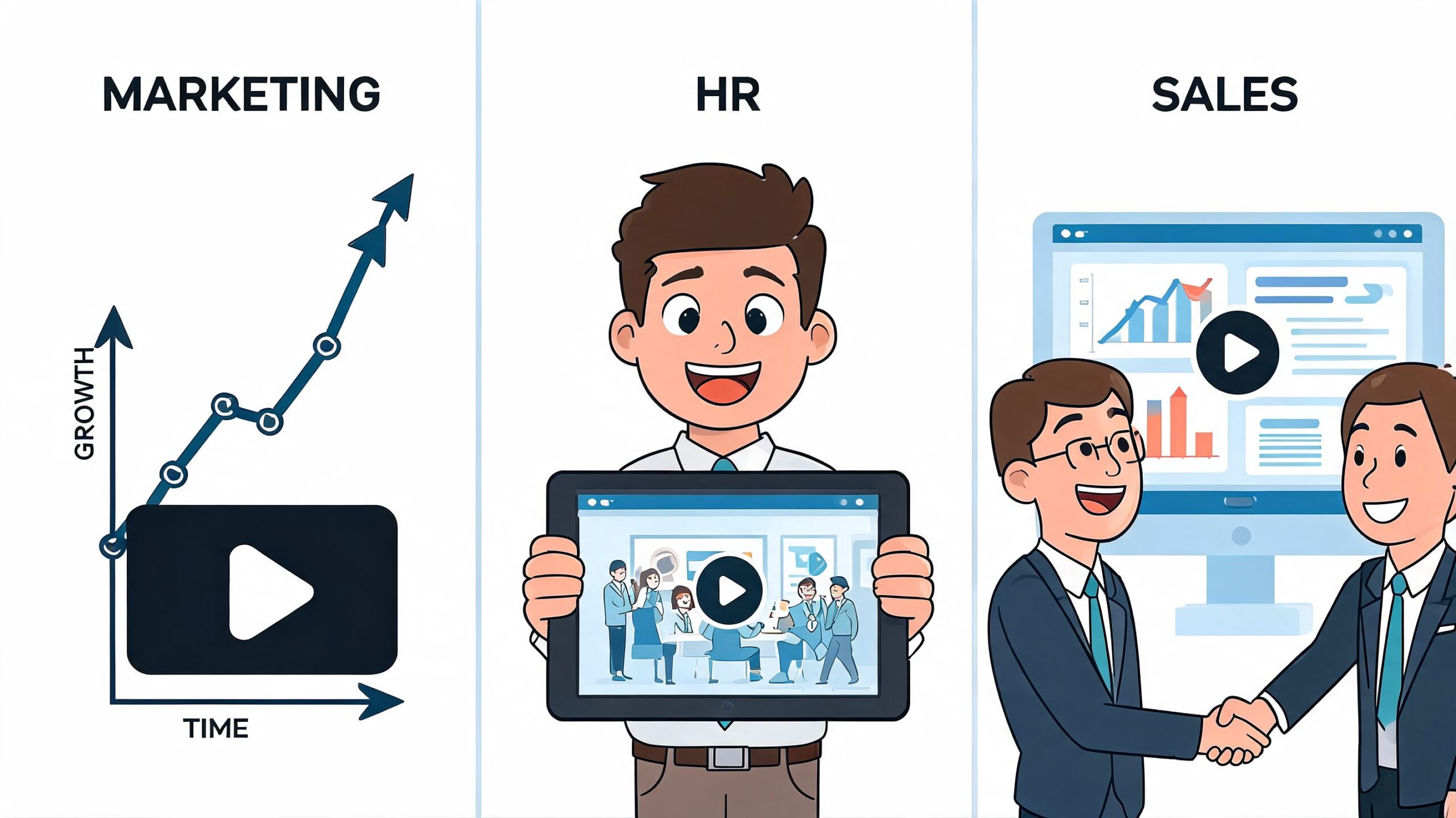 Een illustratie met drie zakelijke afdelingen, Marketing, HR en Sales, die bedrijfsvideo's gebruiken voor groei en communicatie.