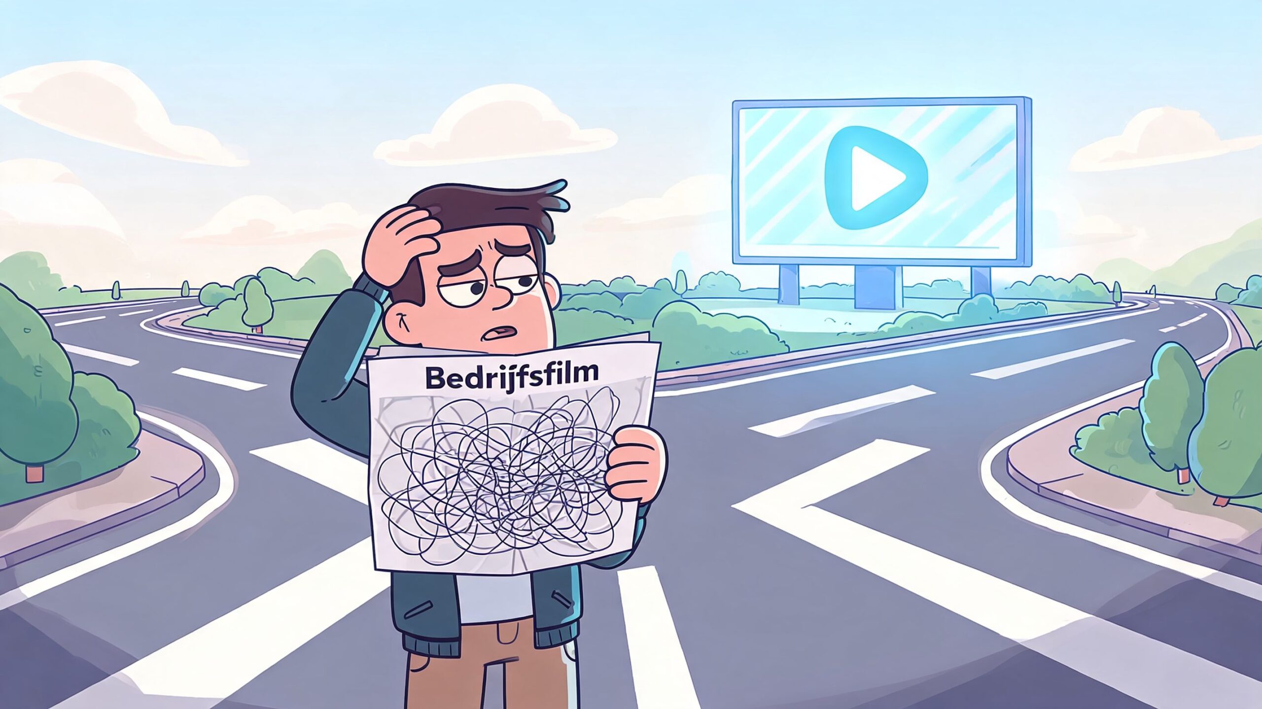 Een verwarde man staat op een splitsing en kijkt naar een onduidelijke kaart met het woord Bedrijfsfilm.