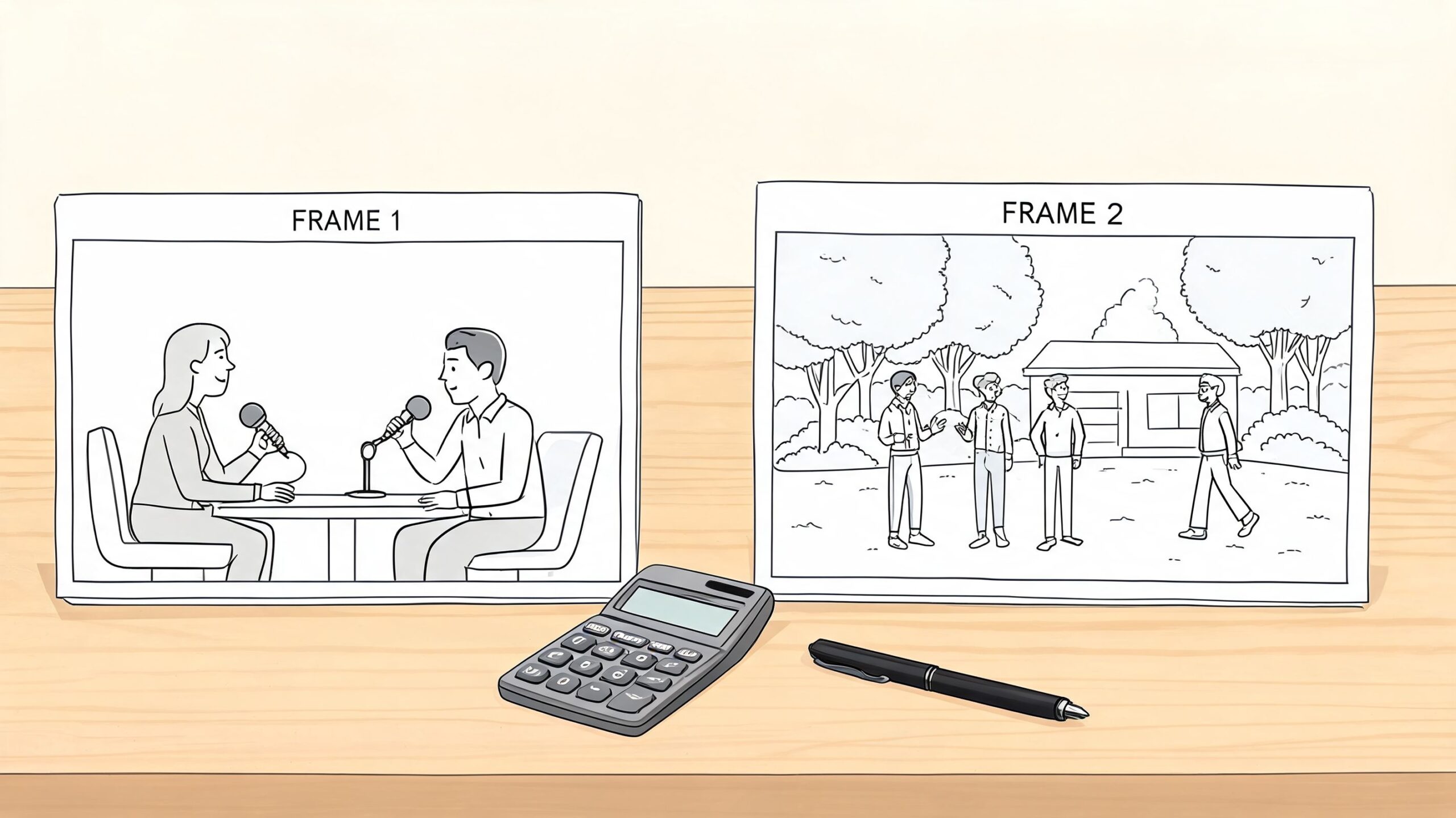 Een illustratie van een storyboard met twee scènes, een rekenmachine en een pen op een houten tafel.
