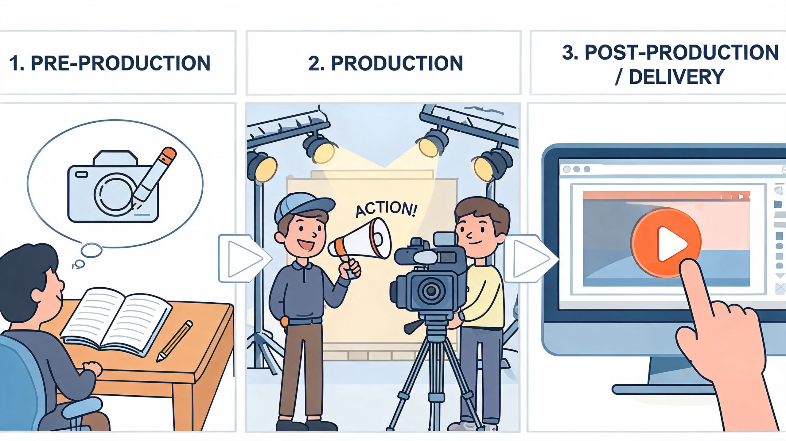 Een illustratie van het proces voor het maken van een bedrijfsvideo in drie duidelijke fasen.