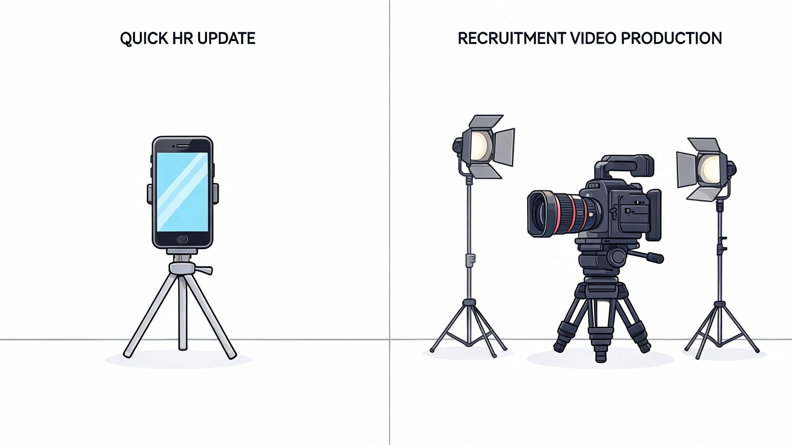 Een vergelijking tussen een eenvoudige smartphone op een statief en professionele videoapparatuur met studiolampen voor bedrijfsfilms.