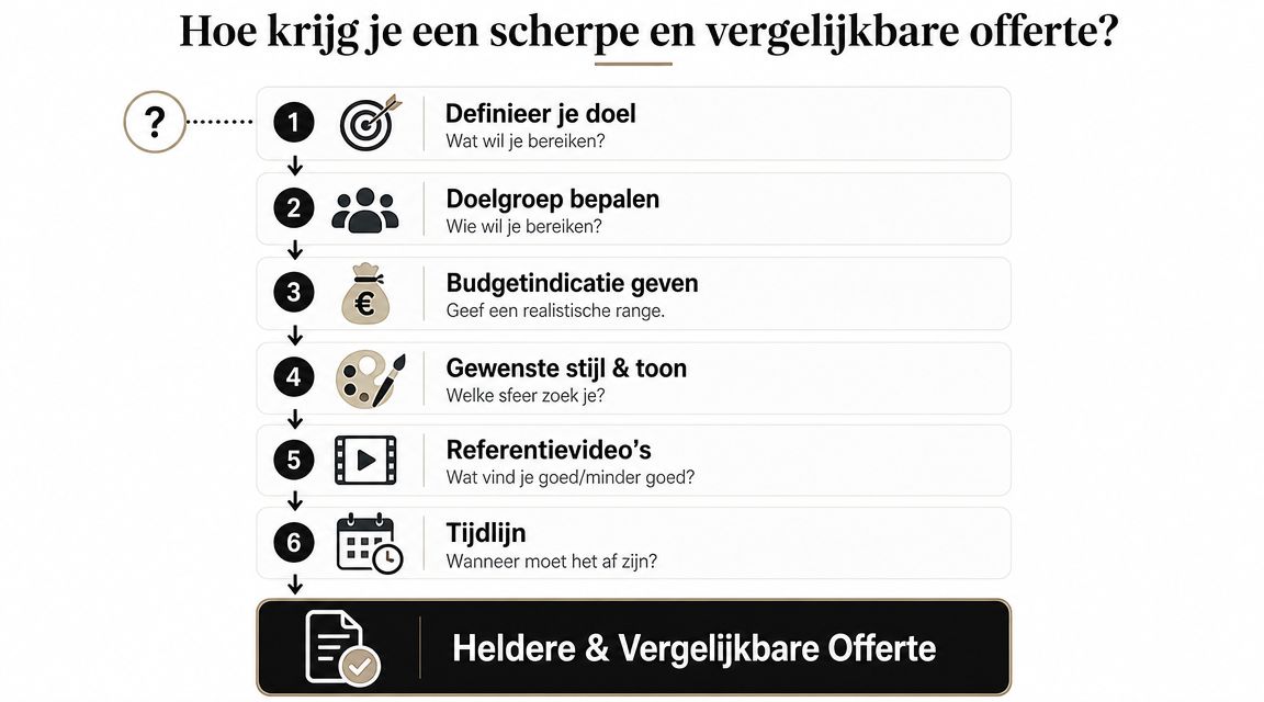 Stappenplan voor het aanvragen van een scherpe en vergelijkbare offerte voor een professionele promotievideo.