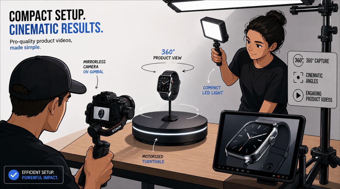 Een persoon filmt een horloge op een draaiplateau met een camera op een gimbal voor productvideo's.