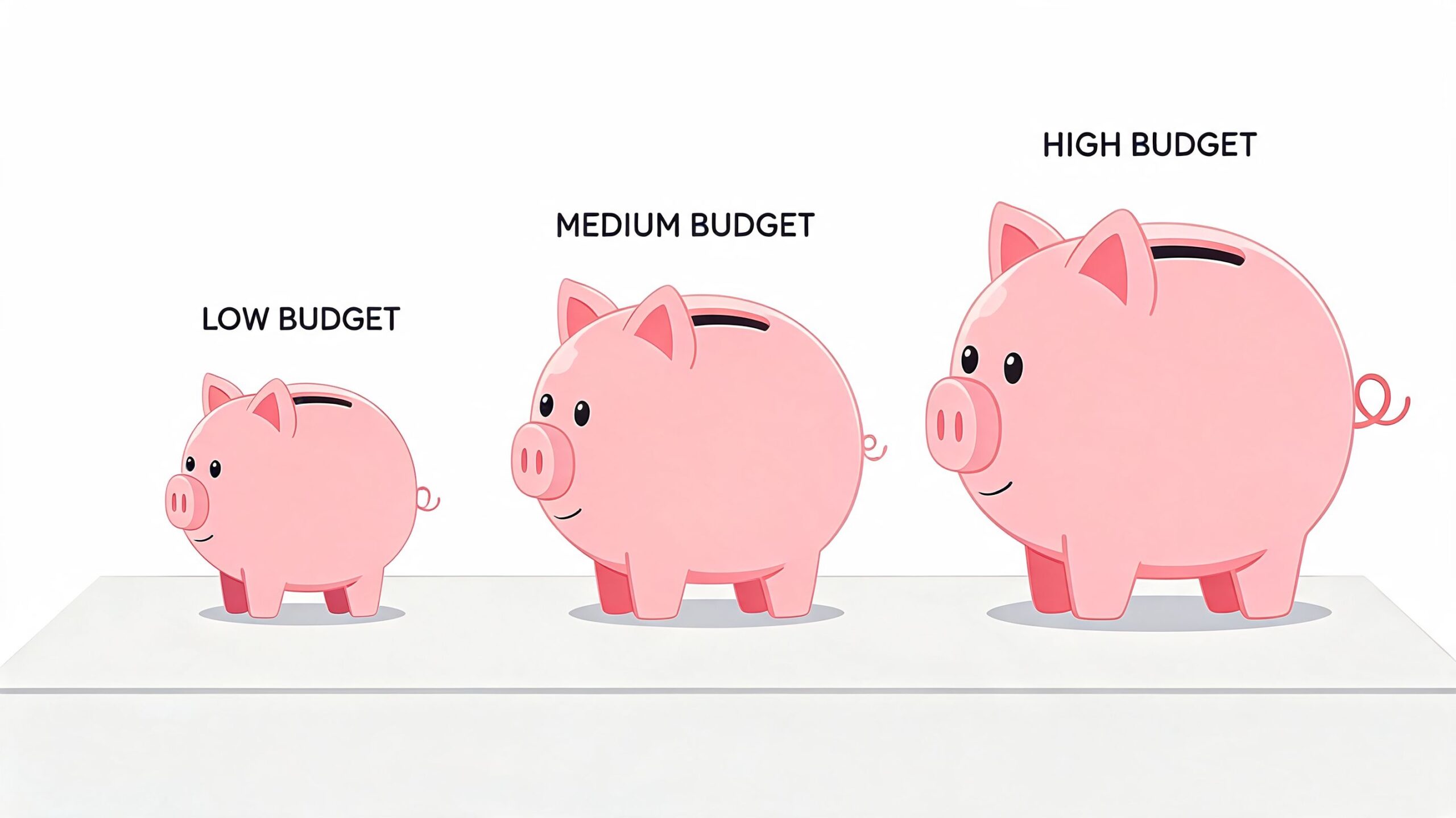 Drie roze spaarvarkens van verschillende groottes die een laag, gemiddeld en hoog budget representeren op een ondergrond.