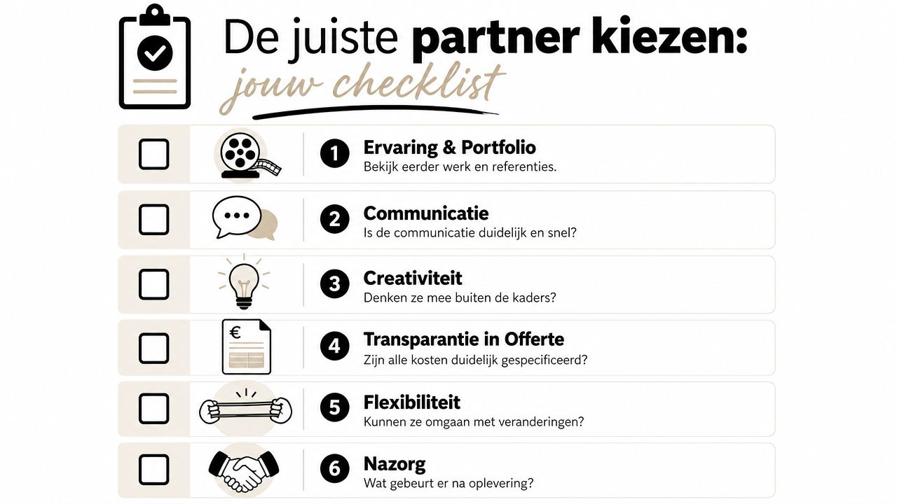 Een checklist voor het kiezen van de juiste partner voor videoproductie met zes belangrijke criteria en iconen.