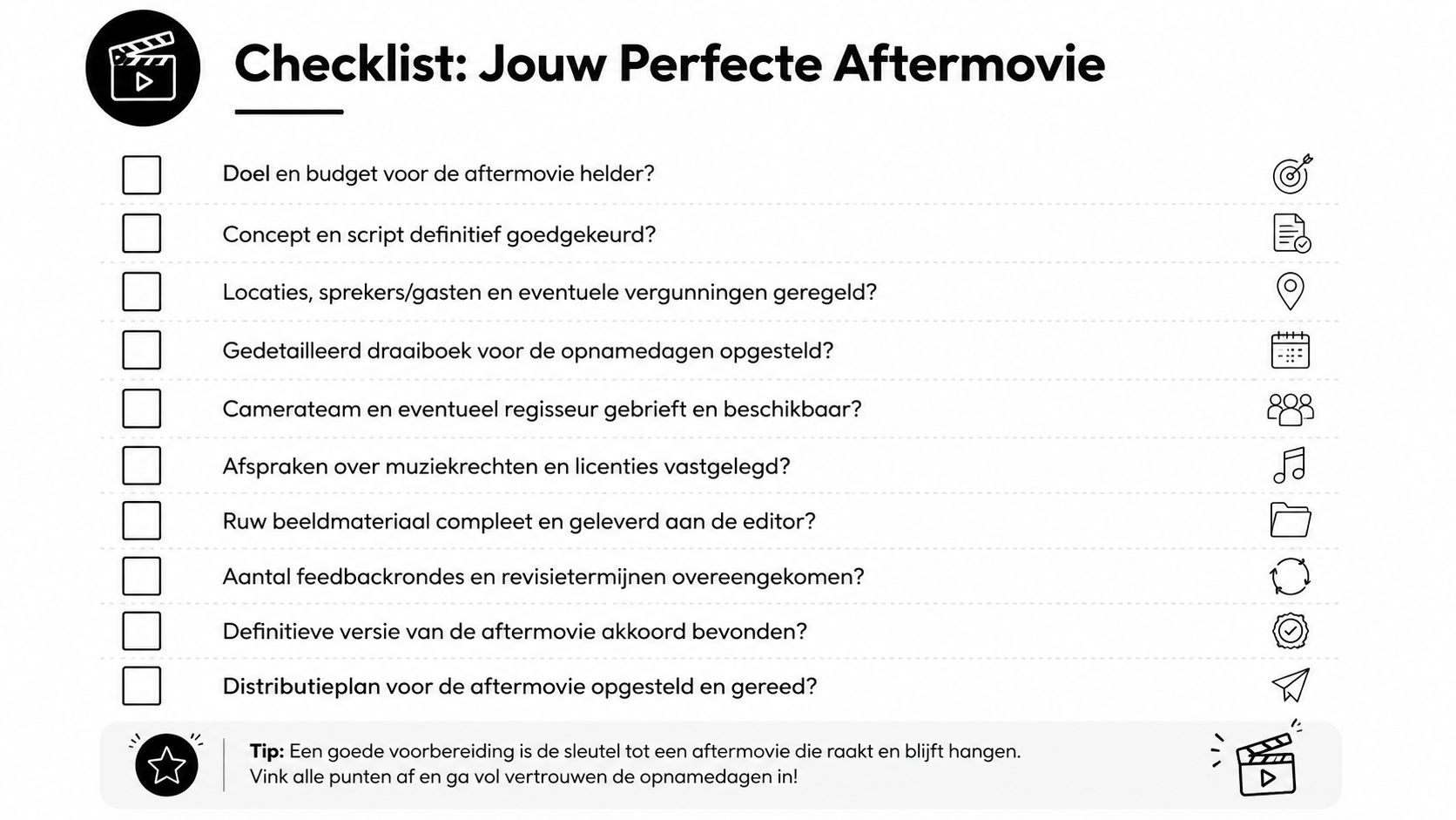 Een overzichtelijke checklist met stappen voor het maken van een professionele aftermovie voor evenementen en projecten.