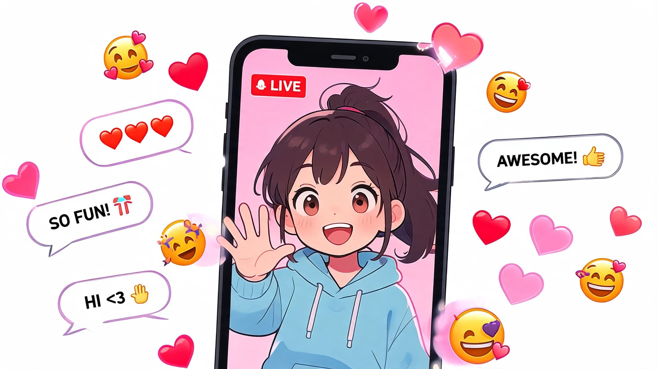 Een vrolijk geanimeerd meisje zwaait naar kijkers tijdens een live uitzending op een smartphone met interactieve emojis.