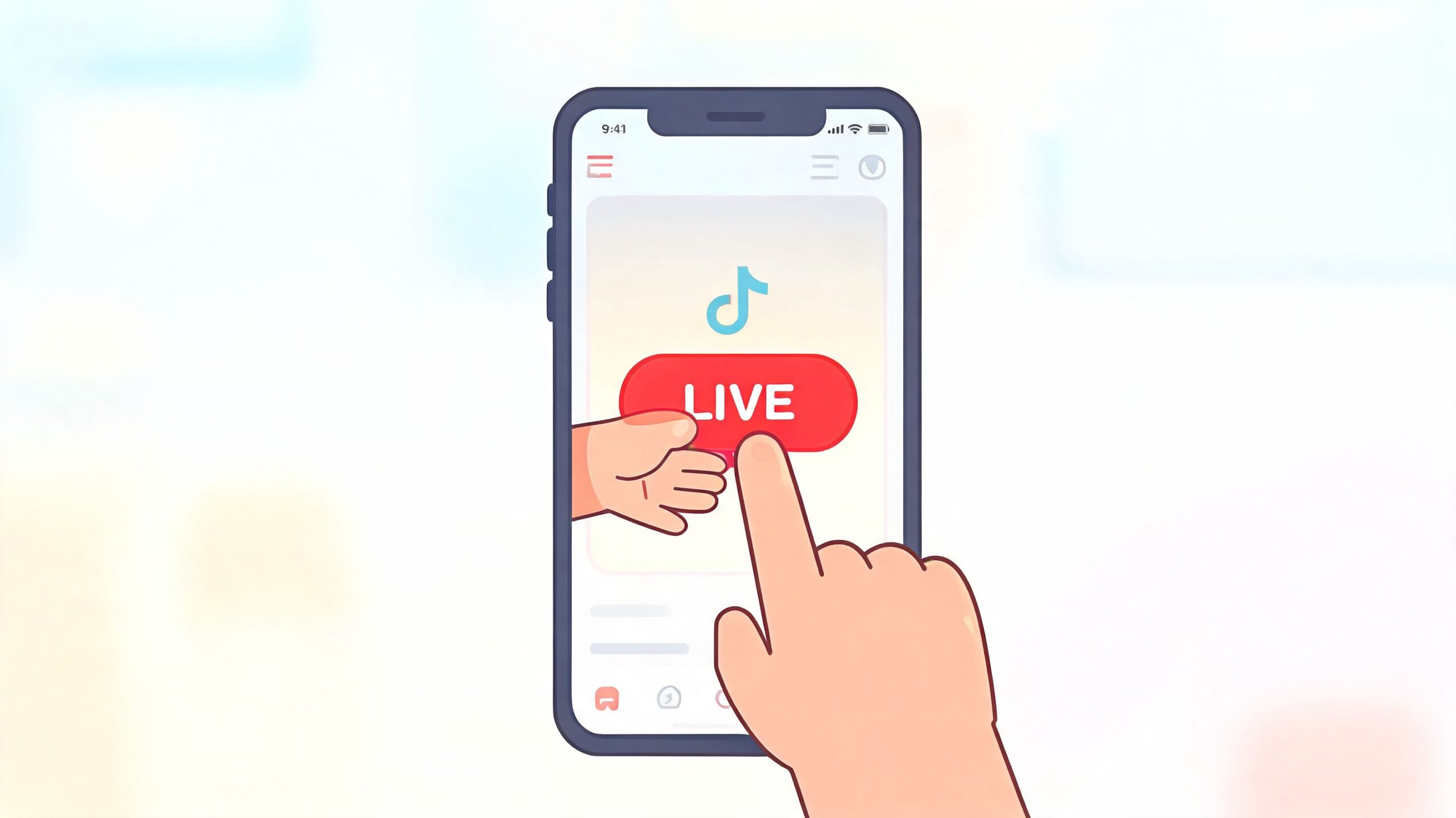 Een illustratie van een hand die op de live-knop op een smartphone-scherm drukt voor een tiktok-uitzending.