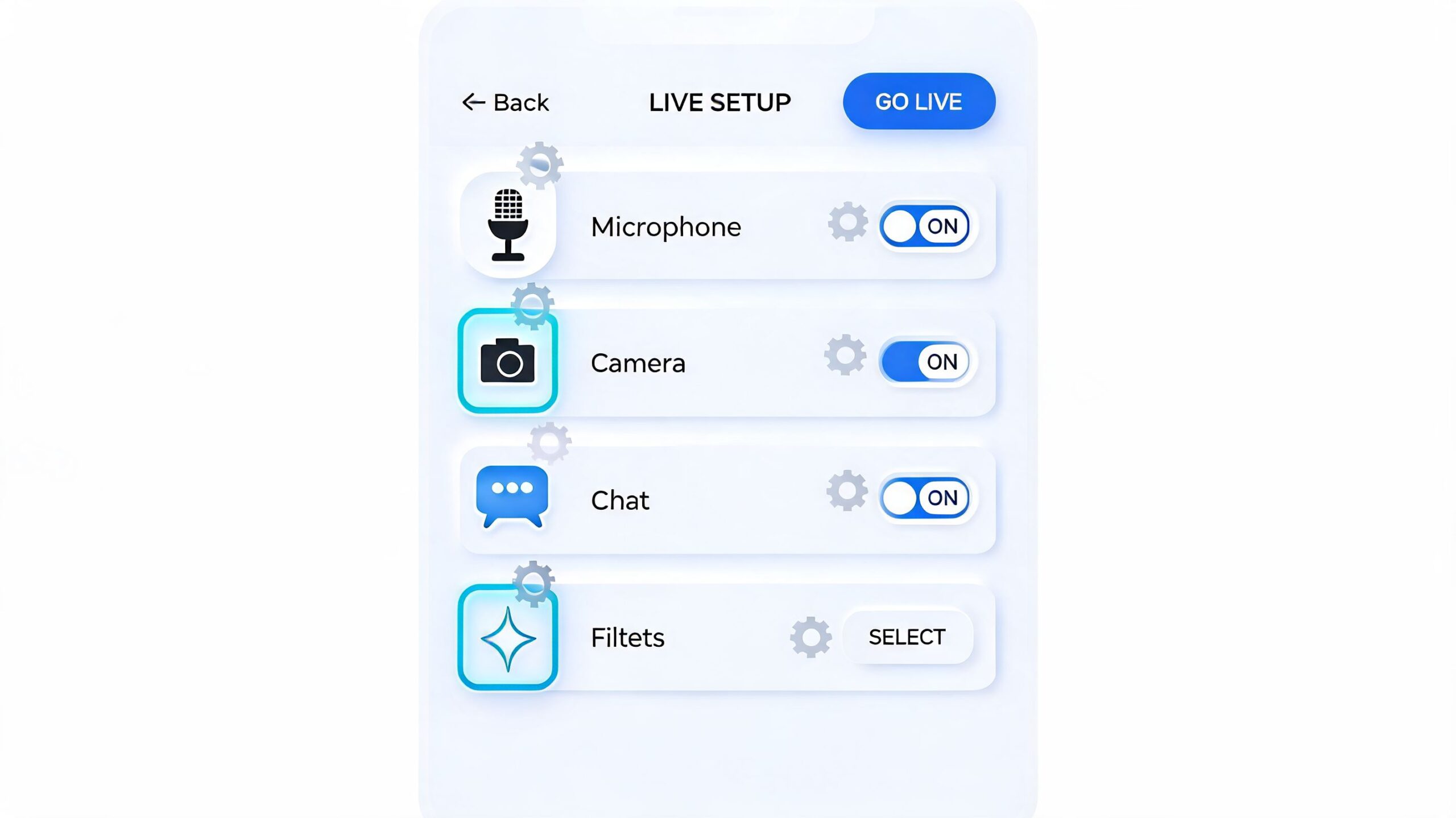 Een live setup-scherm op een smartphone met opties voor microfoon, camera, chat en filters instellingen.